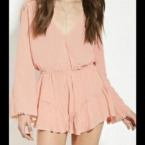 Pink lightweight beach short boho mini lantern rayon blend long  sleeve romper L